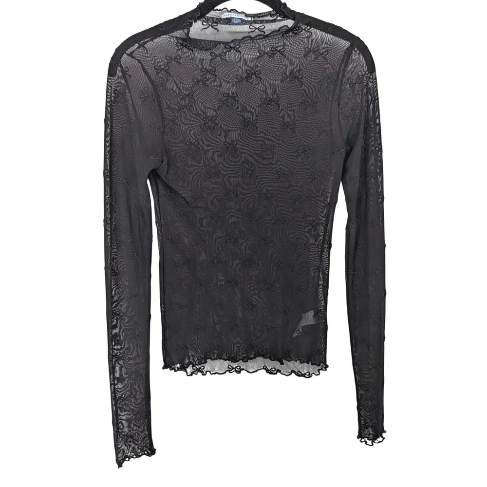 American Eagle Mesh Bow Top Women Small Black Sheer Long Sleeve Coquette Goth